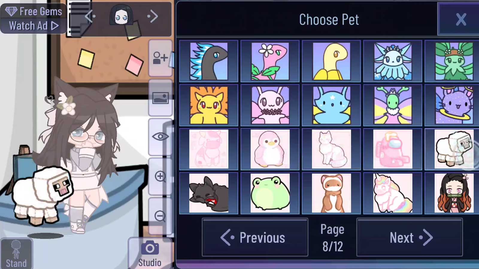 Gacha Cute: Pets menu.